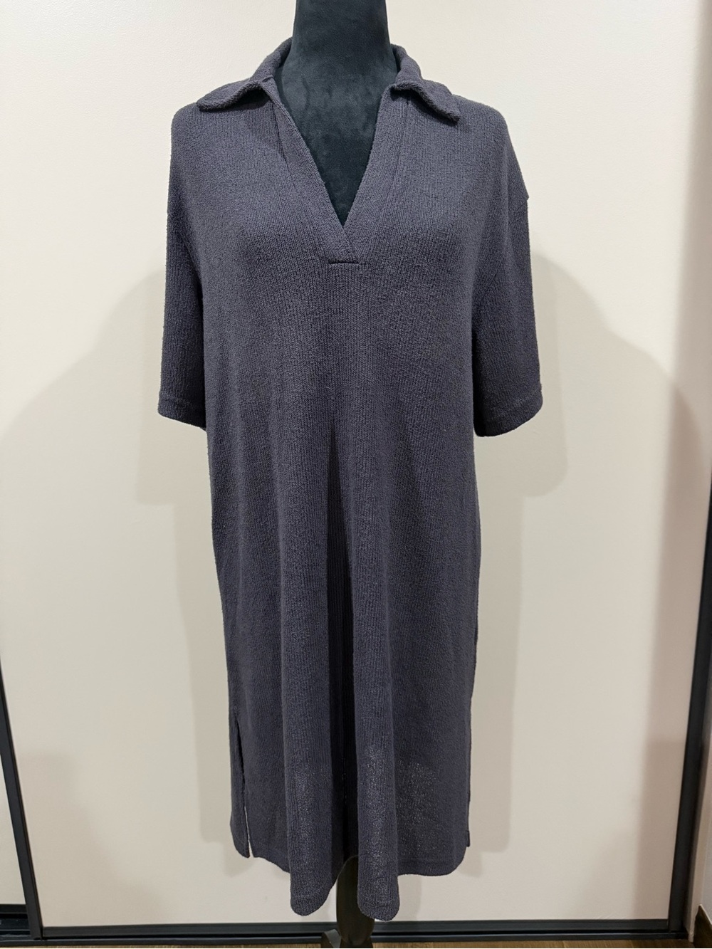 H&M Fine Knit Polo V-Neck Midi Dress Charcoal Gray Side Slit